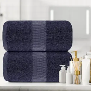 White Classic Luxury Bath Sheet Towels Extra Large 35x70 Inch | 2 Pack | Navy Blue
