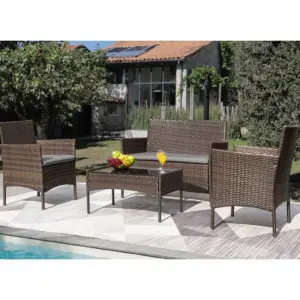 Homall 4 Pieces Outdoor Patio Furniture Brown PE Rattan Wicker Table & Chairs Set Backyard Poolside Garden Porch Sets with Cushioned | Gray Cushion 320 lb | Brown/Gray