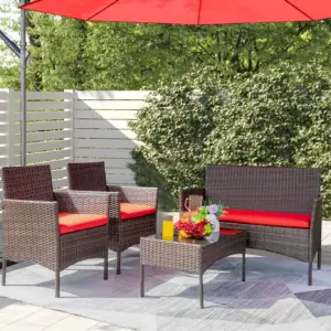 Devoko 4 Pieces Outdoor Patio Conversation Set PE Rattan Wicker Furniture Set | Brown/Red