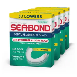 Sea Bond Secure Denture Adhesive Seals | For an All Day Strong Hold | 30 Mint Flavor Seals for Lower Dentures (4 Pack)
