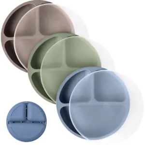 WeeSprout Toddler Plates | Silicone Divided Dishes for Toddlers and Kids | BPA-Free | 3 Pack | 3 Pack (With Lids) | Matte Dark Grey | Blue and Green