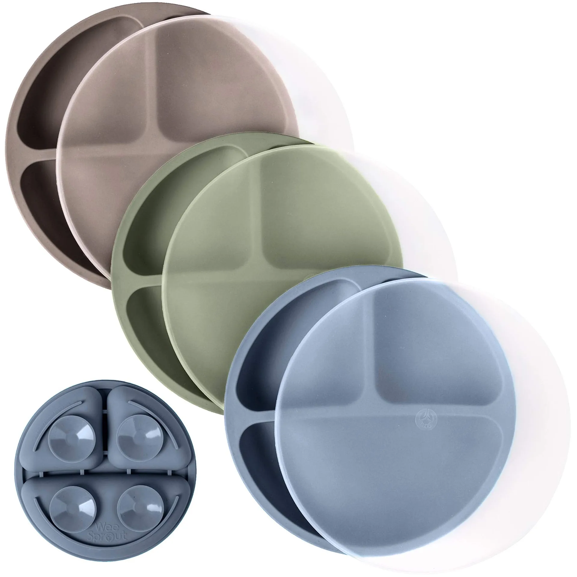 WeeSprout Suction Plates for Babies/Toddlers | 100% Silicone | Divided Design for Picky Eaters | 3 Pack | Matte Dark Grey | Blue and Green | With Lids