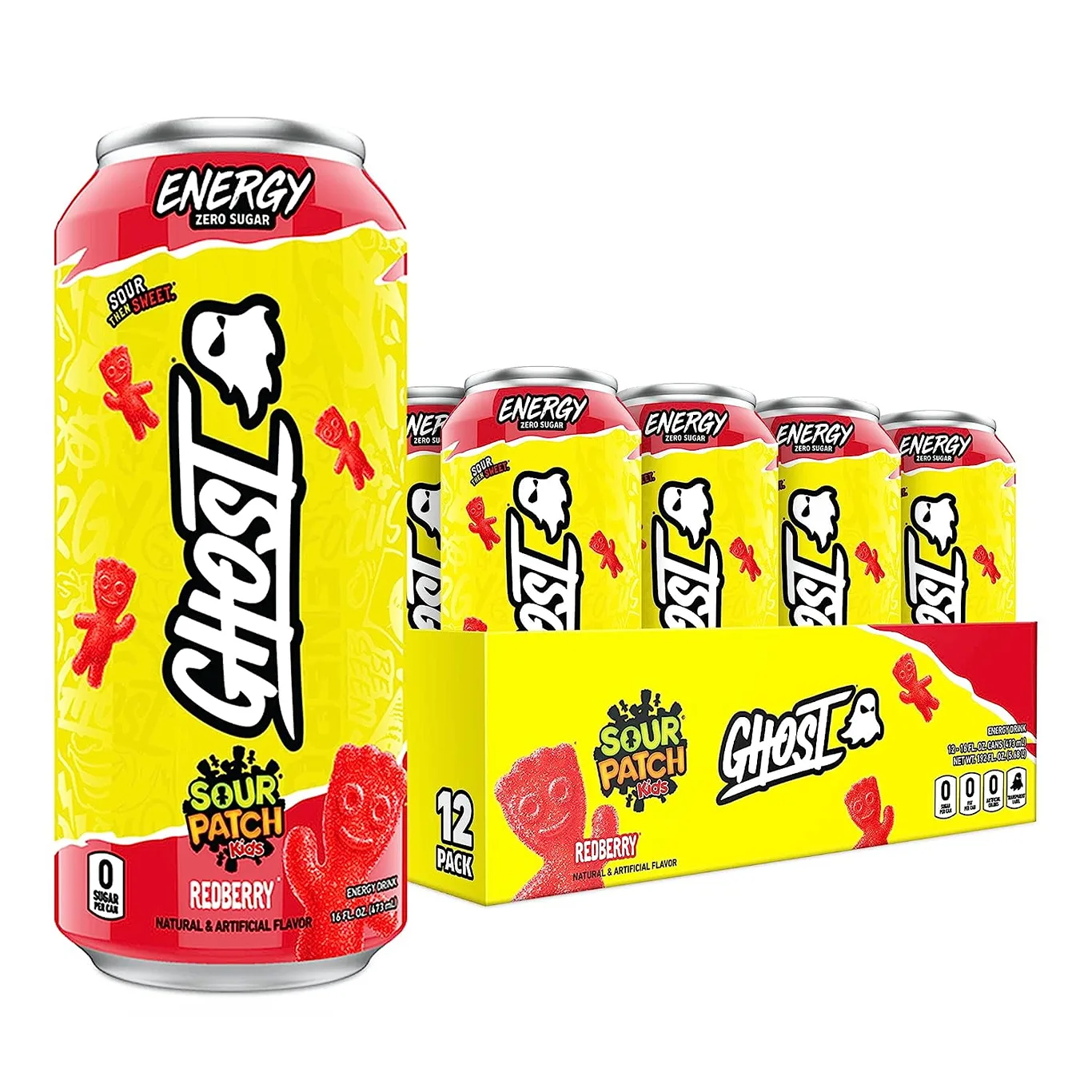GHOST Zero Sugar Energy Drink | SOUR PATCH KIDS Redberry | 16 Ounce Can | 12 Pack