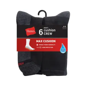 Hanes 6-Pack Crew Socks Mens Max Cushion FreshIQ Wicking Cool ComfortBlend 6-12 | Black | Black/Grey