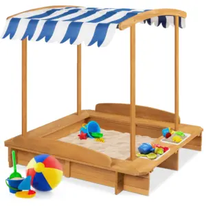 Best Choice Products Kids Wooden Cabana Sandbox w/ Bench Seats | UV-Resistant Canopy | Sandpit Cover | 2 Buckets | Natural
