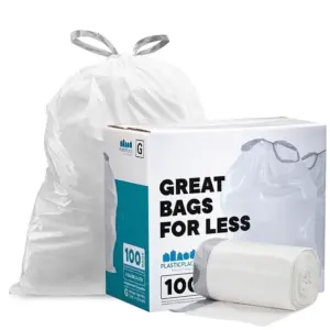 Plasticplace 8 Gallon White Drawstring Trash bags | Compatible with simplehuman Code G Garbage Bags | 100 Count