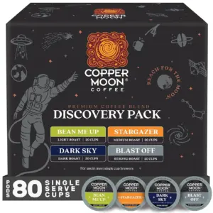 Copper Moon Discovery Variety Pack | Single Serve Premium Coffee Pods for K-Cup Brewers | Bean Me Up | Dark Sky | Blast Off | Stargazer | 20 ea flavor | 80 Ct