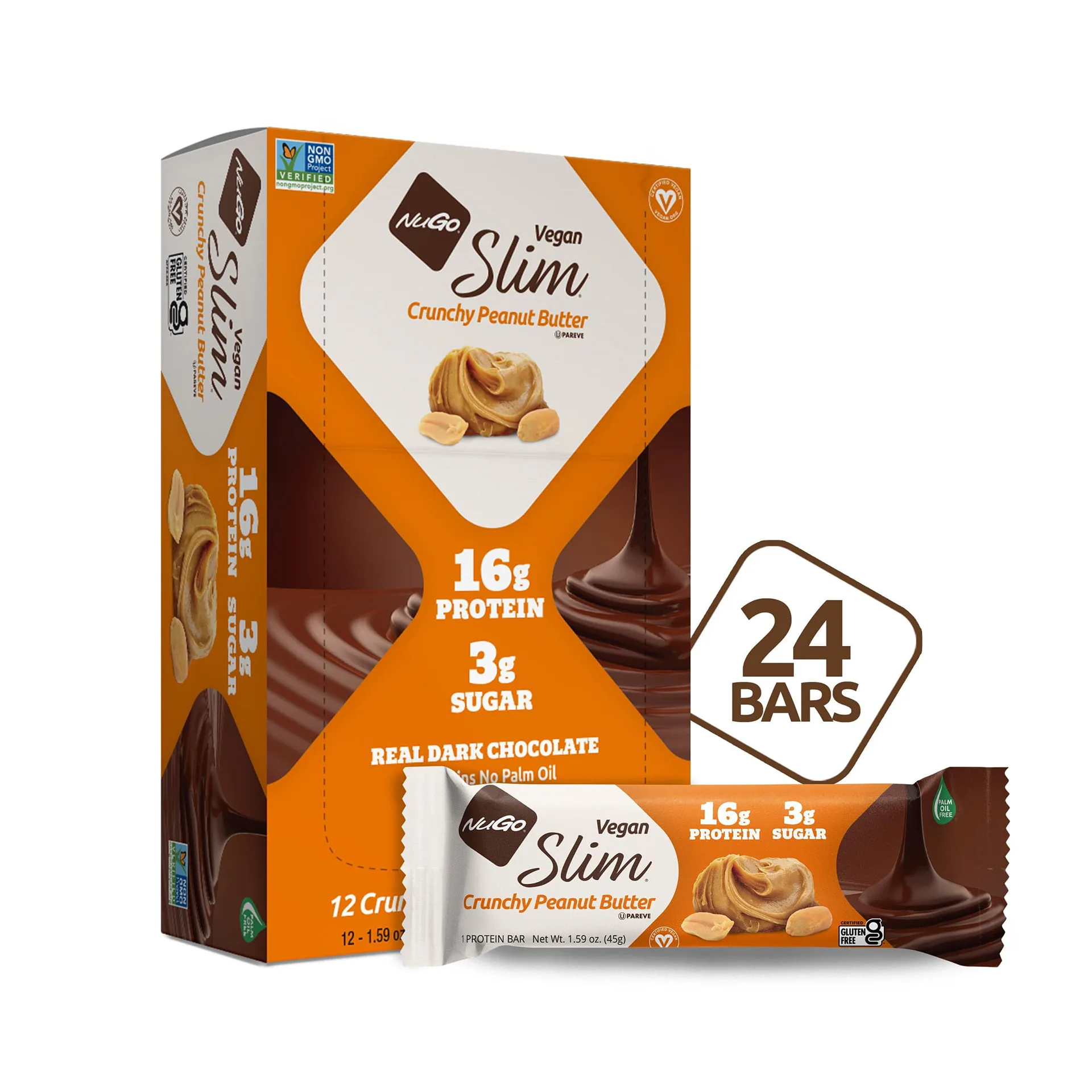 NuGo Slim Dark Chocolate Crunchy Peanut Butter | 17g Vegan Protein | 3g Sugar | 7g Fiber | 180 Calories | Low Net Carbs | Gluten Free | 12 Count | Crunchy Peanut Butter | Crunch Peanut Butter | Dark Chocolate Crunchy Peanut Butter