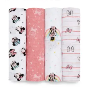 Aden + Anais Essentials Disney Baby 100% Muslin Cotton Swaddle Blanket | Female | 4 Pack | Minnie Rainbows