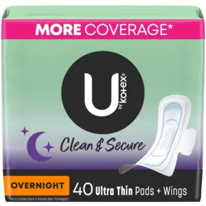 U By Kotex Extra Heavy Overnight Maxi Pads With Wings 48 Count (2 packs of 24 | packaging may vary)