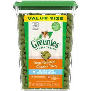 Feline Greenies Adult Natural Dental Care Cat Treats | Oven Roasted Chicken Flavor | 9.75 Ounce Tub