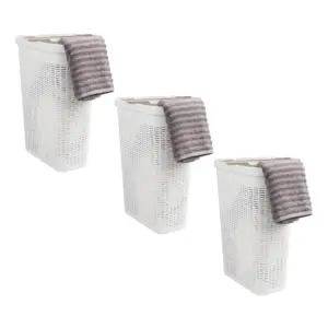 Mind Reader 40L Slim Laundry Hamper | Clothes Basket | Lid | Wicker Design | Plastic | 18L x 10.4W x 23.5H | Set of 3 | White