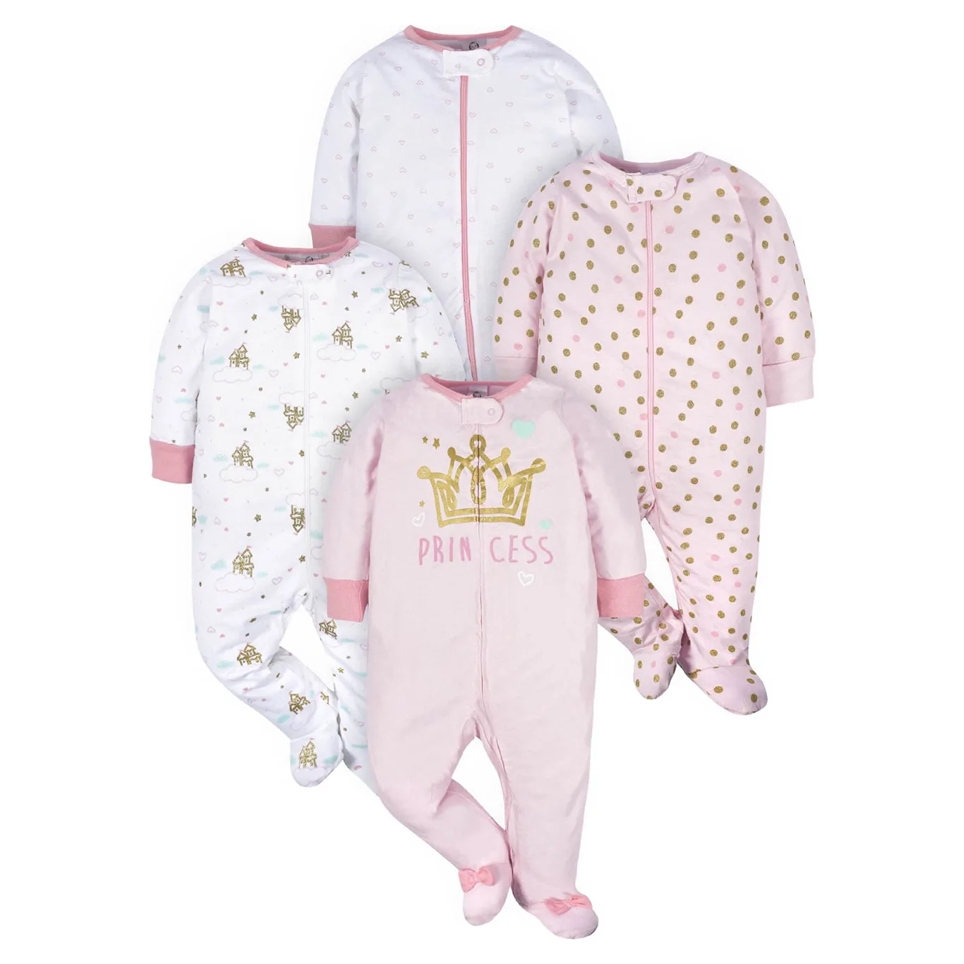 Gerber Baby Girl Sleep 'n Play Footed Pajamas | 4-Pack | Castle | Preemie