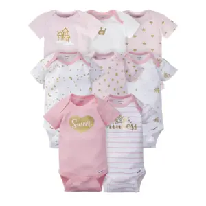 Gerber Baby Girl Short Sleeves Onesies Bodysuits | 8-Pack | Castle | 6-9 Months