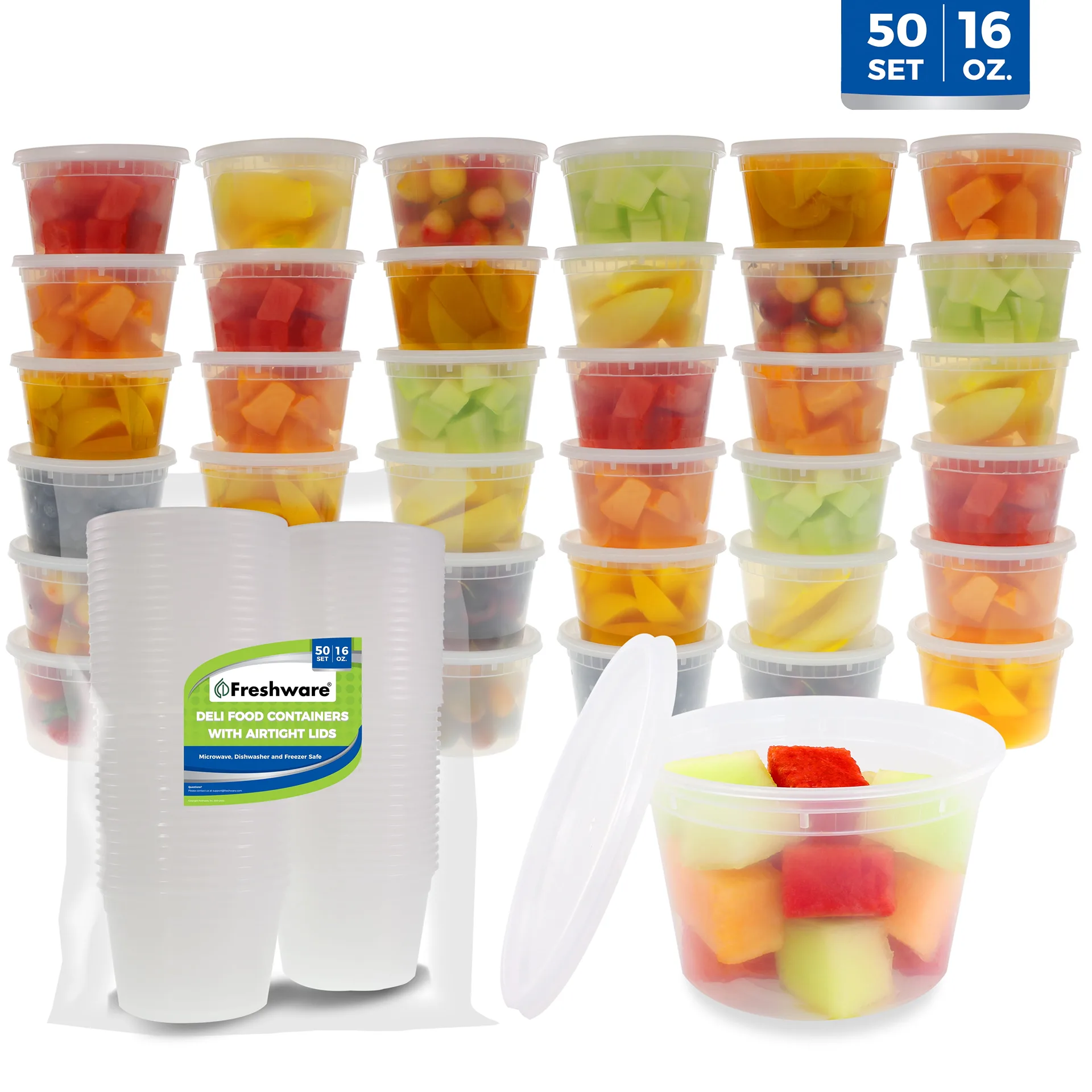Freshware Food Storage Containers Plastic Deli Containers with Lids | Slime | Soup | Meal Prep Containers | BPA Free | Stackable | Leakproof | Microwave/Dishwasher/Freezer Safe (16 Ounce | 50-Set)