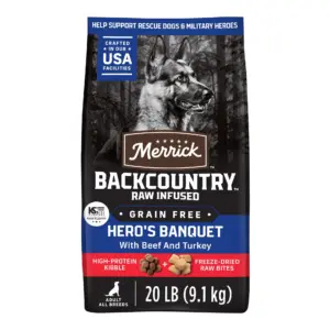 Merrick Backcountry Grain Free Dry Adult Dog Food | Kibble With Freeze Dried Raw Pieces | Heros Banquet Recipe | 20.0 lb. Bag