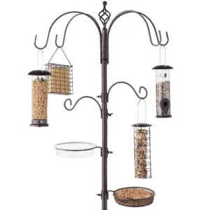 Best Choice Products 89in 6-Hook Bird Feeding Station | Steel Multi-Feeder Stand w/ 4 Feeders | Tray | Bird Bath | Bronze