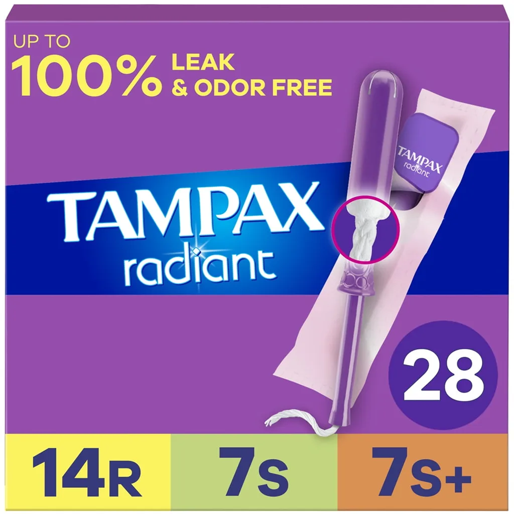 Tampax Radiant Tampons Trio Pack with Regular/Super/Super Plus Absorbency | 28 Count | Unscented