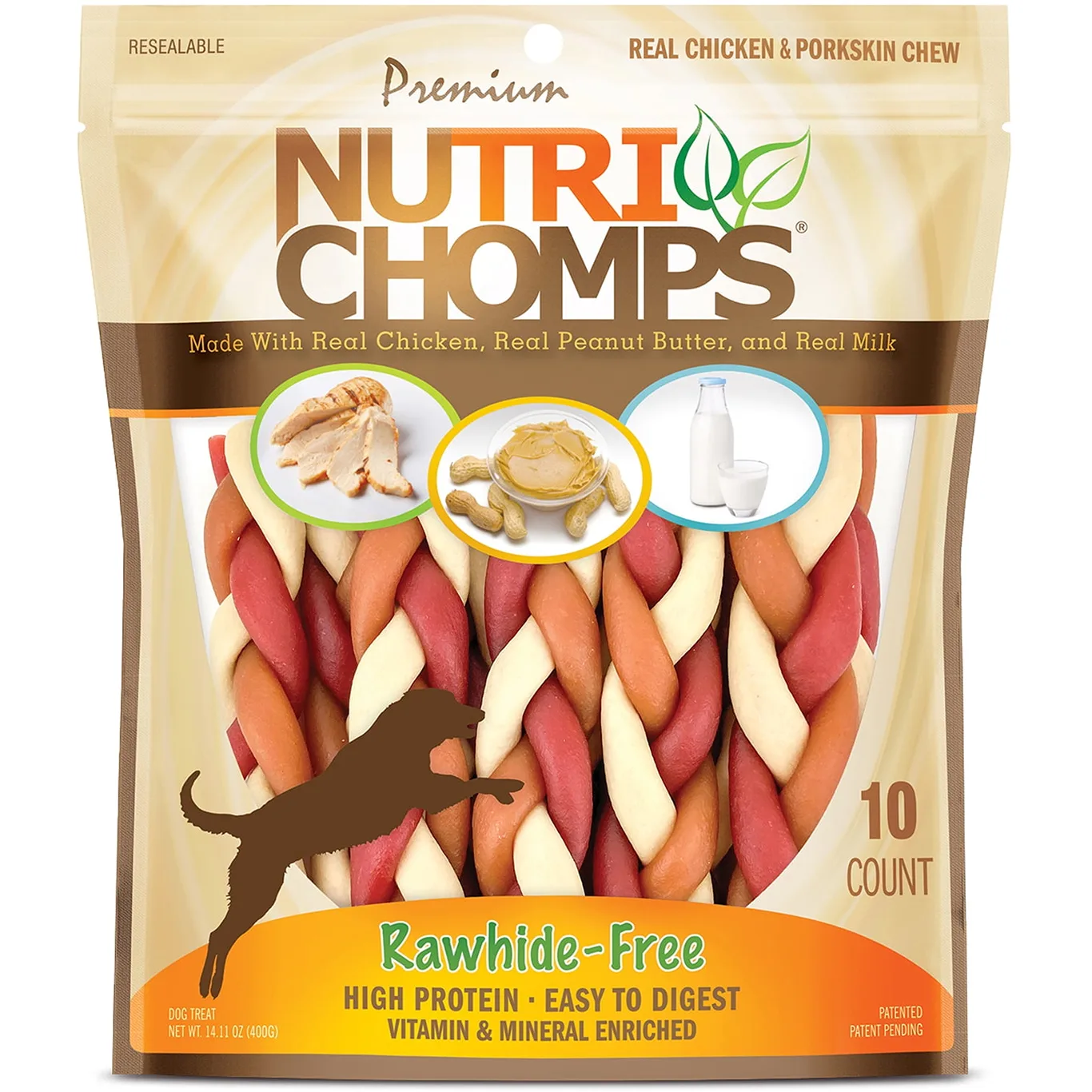 Nutri Chomps Premium Rawhide-Free Braided Dog Treats | Real Chicken | Peanut Butter and Milk | 6 Inch | 10 Count