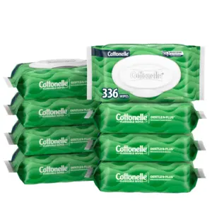 Cottonelle GentlePlus Flushable Wet Wipes with Aloe and Vitamin E | 8 Flip-Top Packs | 42 Wipes Per Pack (336 Total Wipes) | Packaging May Vary