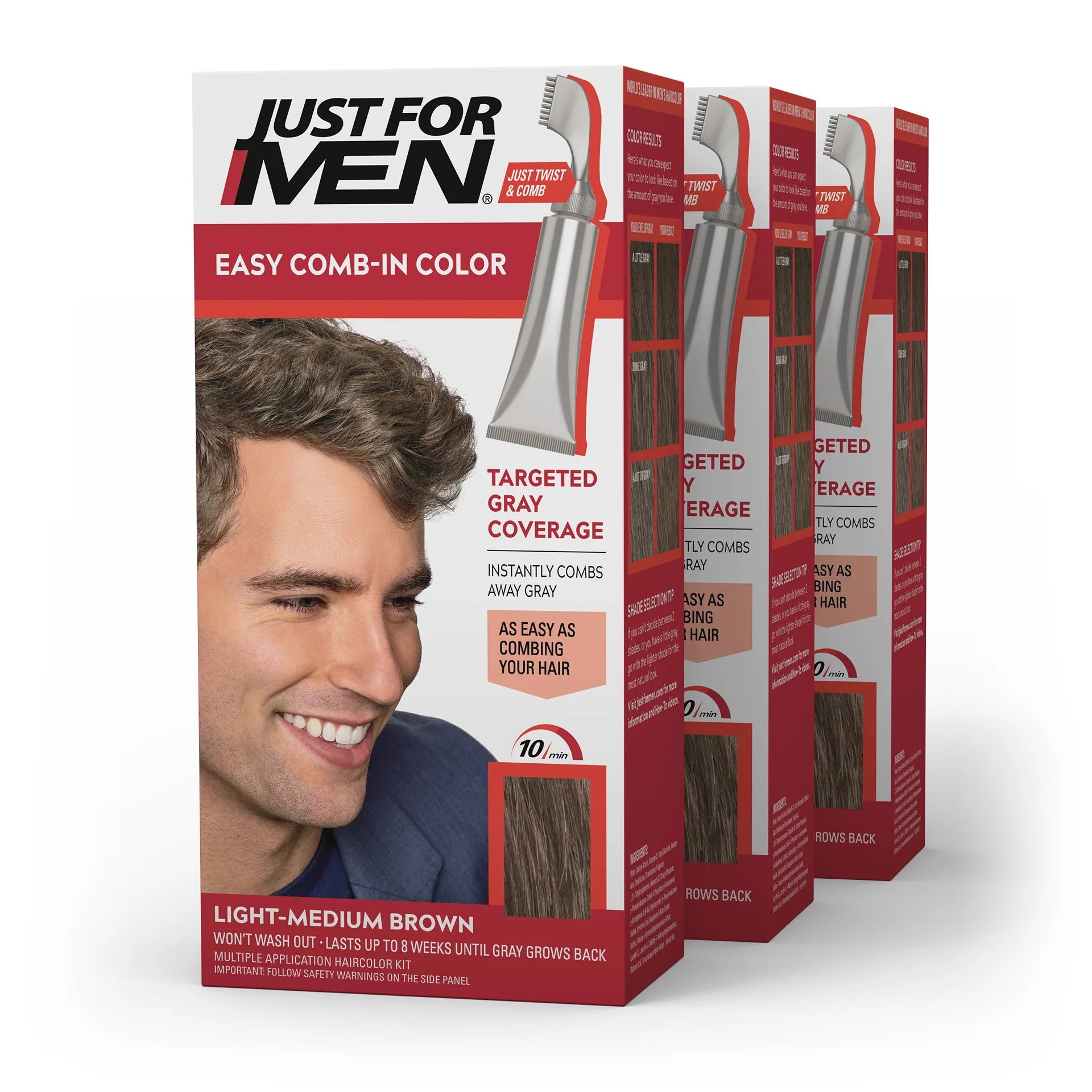 Just For Men Easy Comb-Inch Hair Color for Men with Applicator | Light Medium Brown | A-30 | 3 Pack
