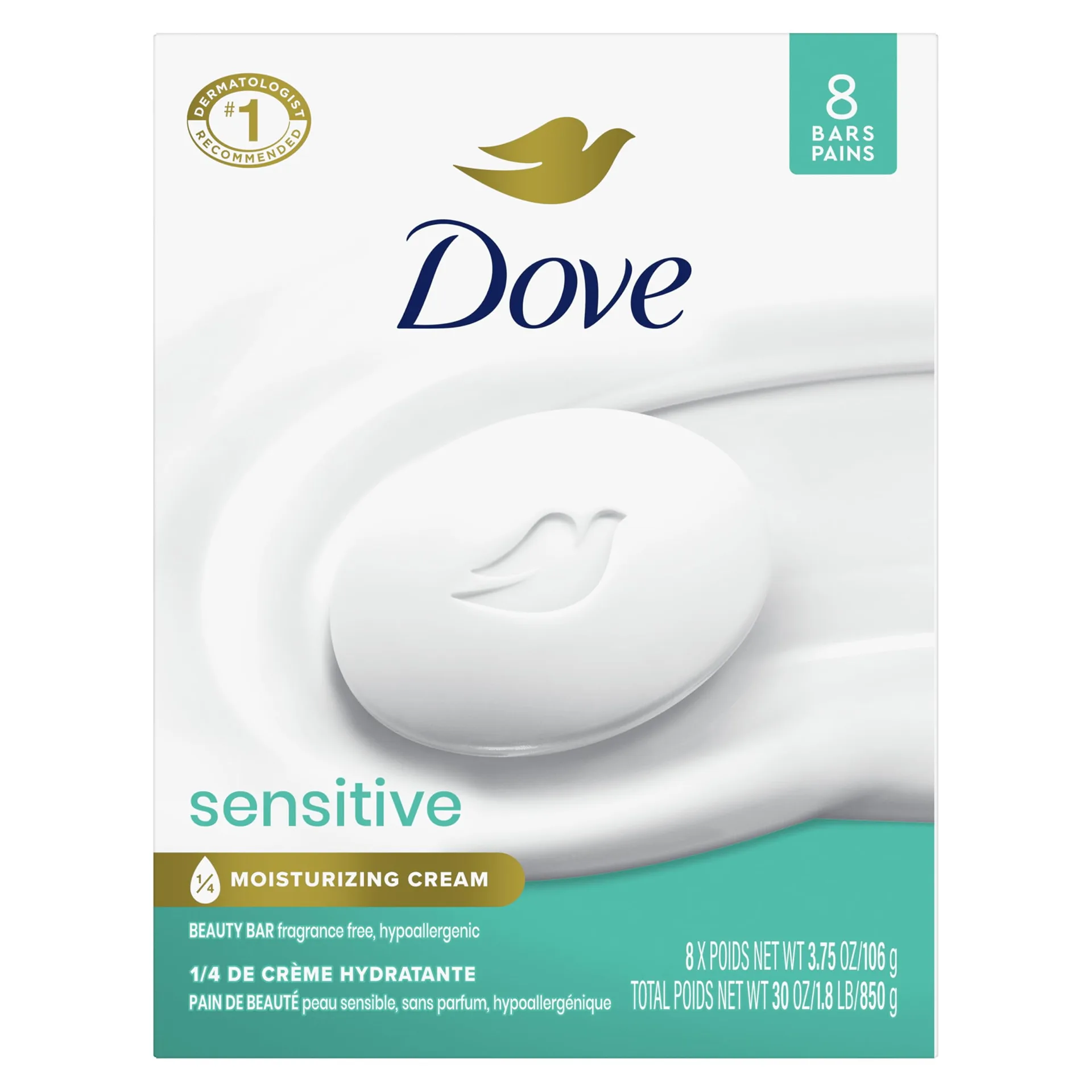 Dove Beauty Bar Soap IRF13 Sensitive | 8 Bars for Sensitive Skin | Fragrance Free & Hypoallergenic 3.75 Ounce