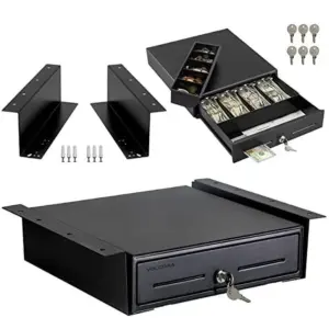 Volcora 13 Electronic Cash Register Drawer with Under Counter Mounting Metal Bracket | POS | 4 Bill 5 Coin Cash Tray | Removable Coin Compartment | 24V RJ11/RJ12 Key-Lock | Media Slot | Black