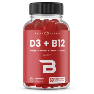 NutraChamps Vitamin D3 and Vitamin B12 | Methyl B12 Gummies for Adults and Kids | Enhanced with Vitamin D 3 and B9 Vitamin Folate | Natural Energy | Mood | Metabolism and Focus | Raspberry | 60 Gummies | 1