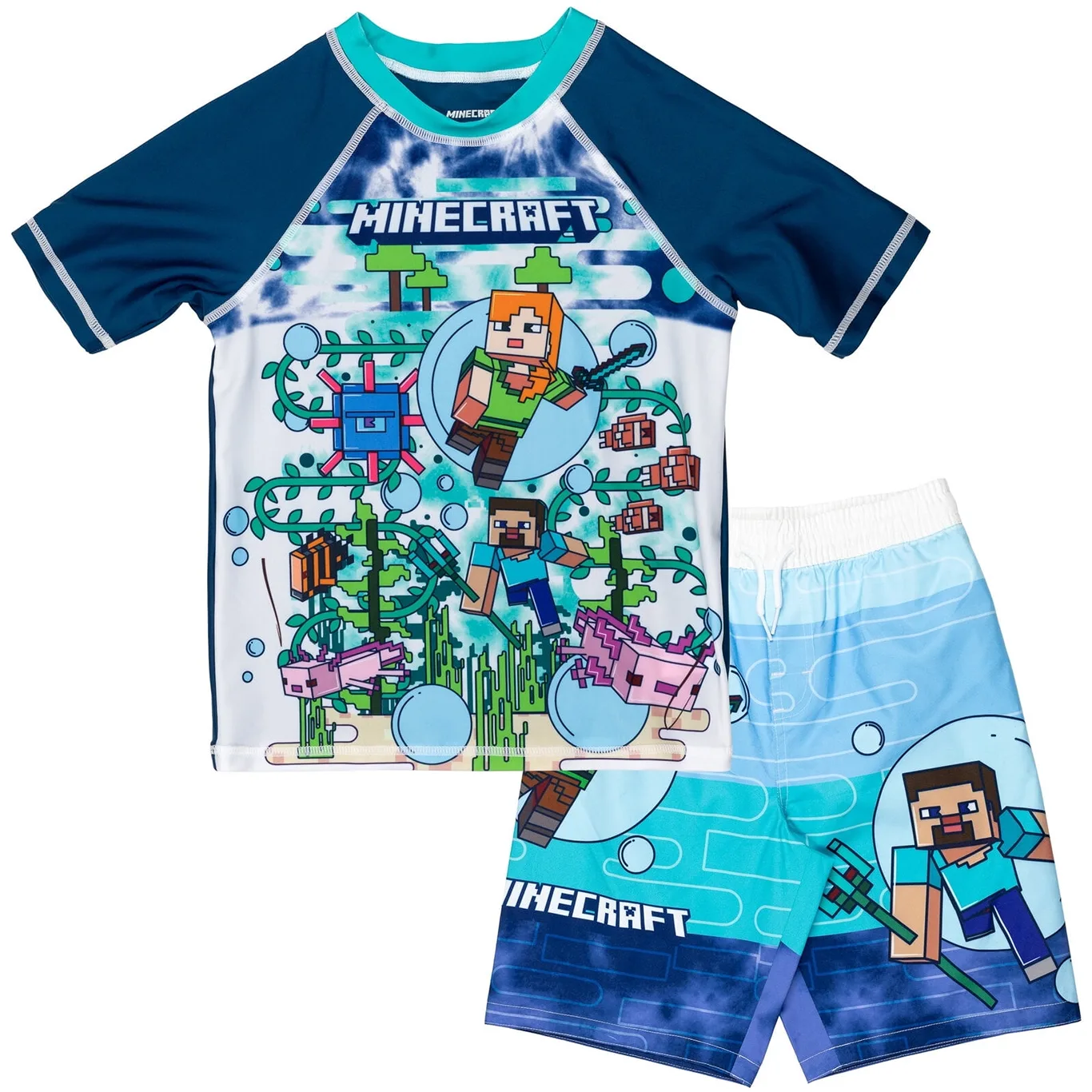Minecraft Steve Alex UPF 50+ Rash Guard Swim Trunks Outfit Set Little Kid to Big Kid (Premium Edition)