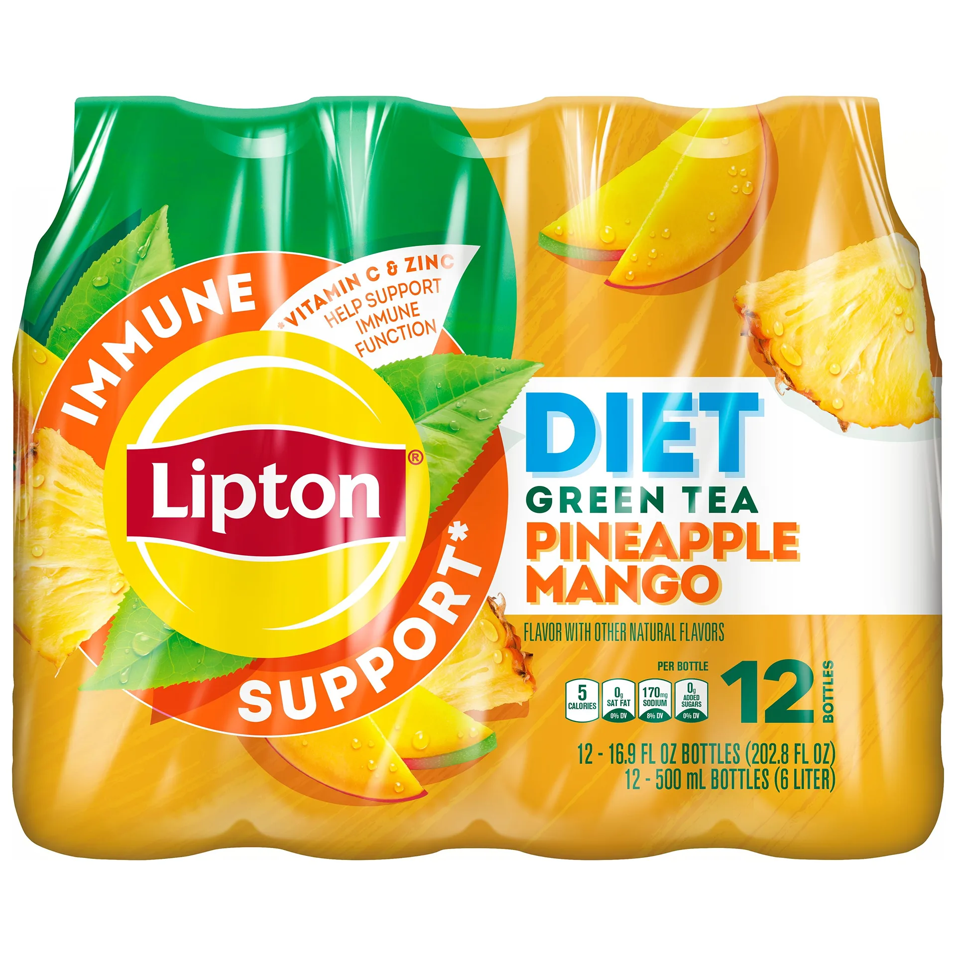 Lipton Immune Support Diet Pineapple Mango Green Tea Iced Tea | Bottled Tea Drink | 16.9 fl Ounce | 12 Pack Bottles | Single