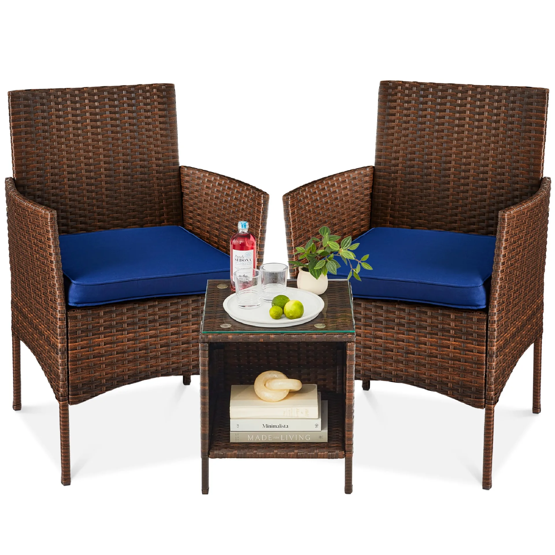 Best Choice Products 3-Piece Outdoor Wicker Conversation Patio Bistro Set | w/ 2 Chairs | Table -Brown/Navy