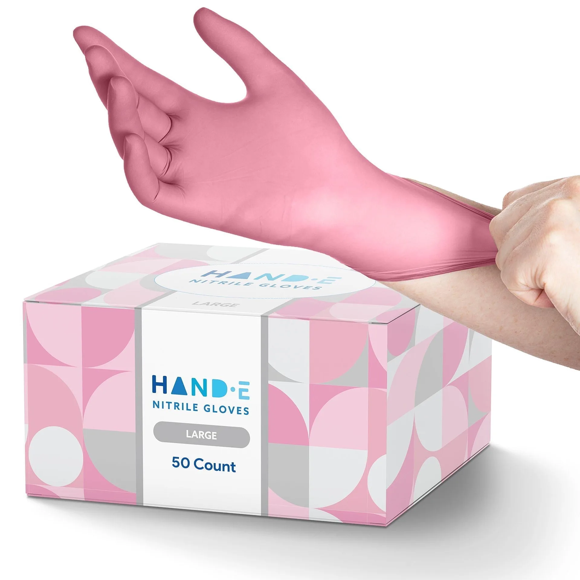 Hand-E Nitrile Gloves (L) 50 Count | Disposable | Pink | Powder & Latex Free Gloves
