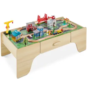 Best Choice Products Kids 35-Piece Train Table | Large Multipurpose Wooden Playset w/ Reversible Table Top | Natural | Green