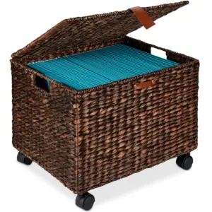 Best Choice Products Hyacinth Rolling Filing Cabinet Mobile Organizer Storage Basket w/ Lid | Locking Wheels | Brown