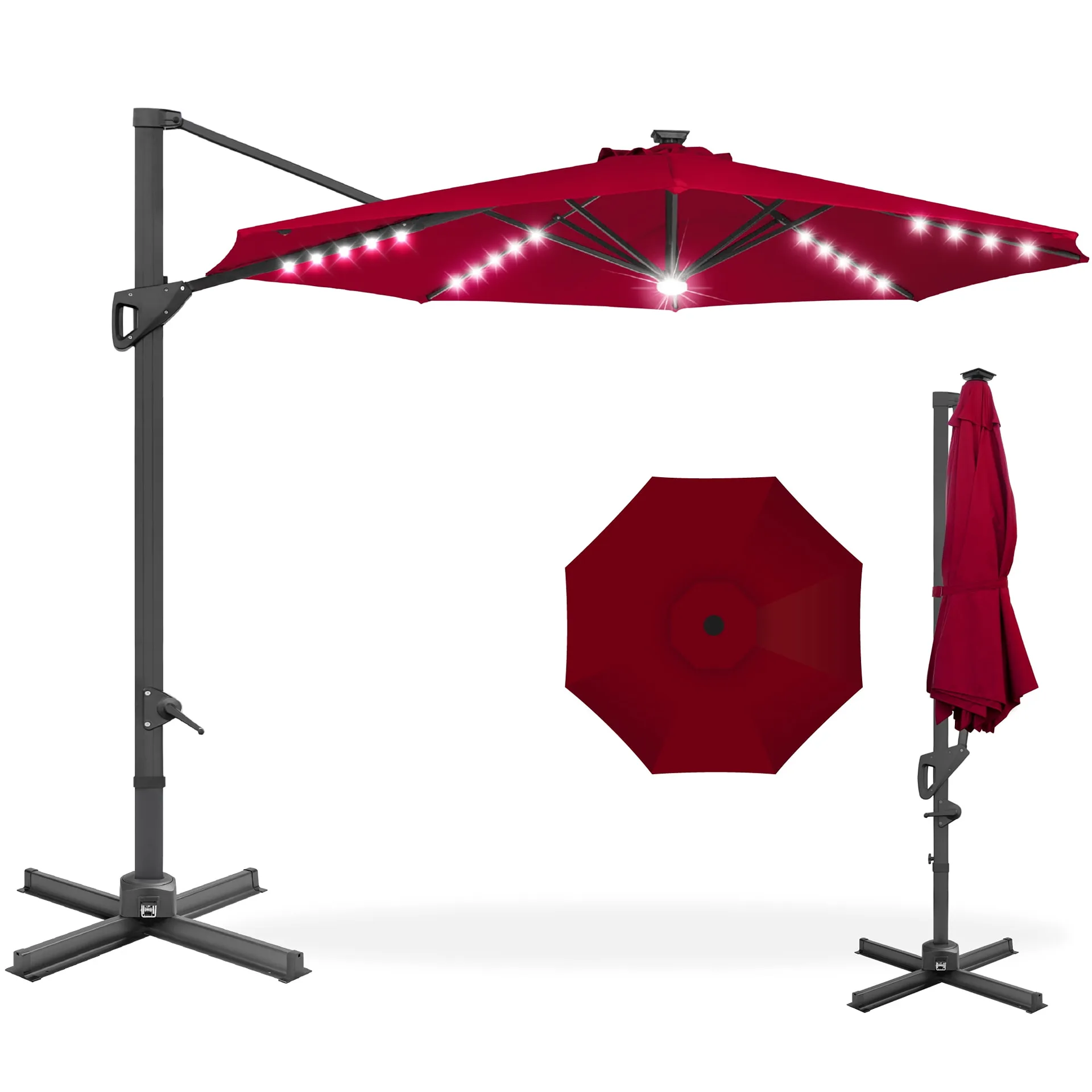Best Choice Products 10ft 360-Degree Solar LED Lit Cantilever Patio Umbrella | Outdoor Hanging Shade | Burgundy | Red
