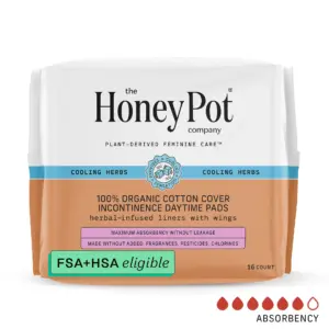 The Honey Pot Company | Herbal Daytime Incontinence Pads with Wings | Organic Cotton Cover | 16 ct