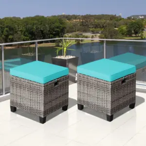 Costway 2PCS Patio Rattan Cushioned Ottoman Seat Foot Rest TableTurquoise | Turquoise
