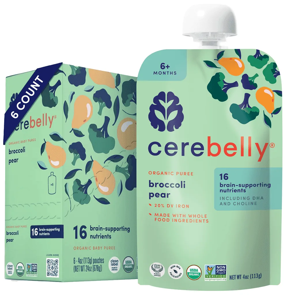 Cerebelly Organic Baby Food | Broccoli Pear | 4 Ounce Puree Pouches | 6 Pack