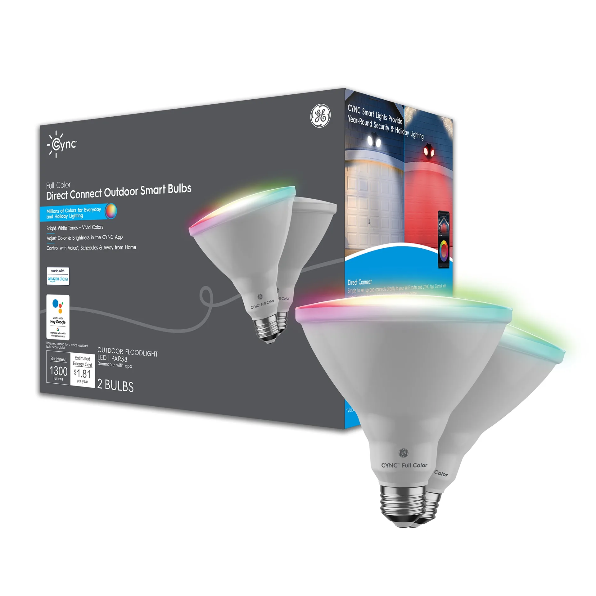 GE CYNC Smart Outdoor Floodlight | Full Color | Bluetooth & Wi-Fi Enabled | Alexa & Google Home Compatible | Medium Base | Dimmable | No Hub Required (2 Pack)