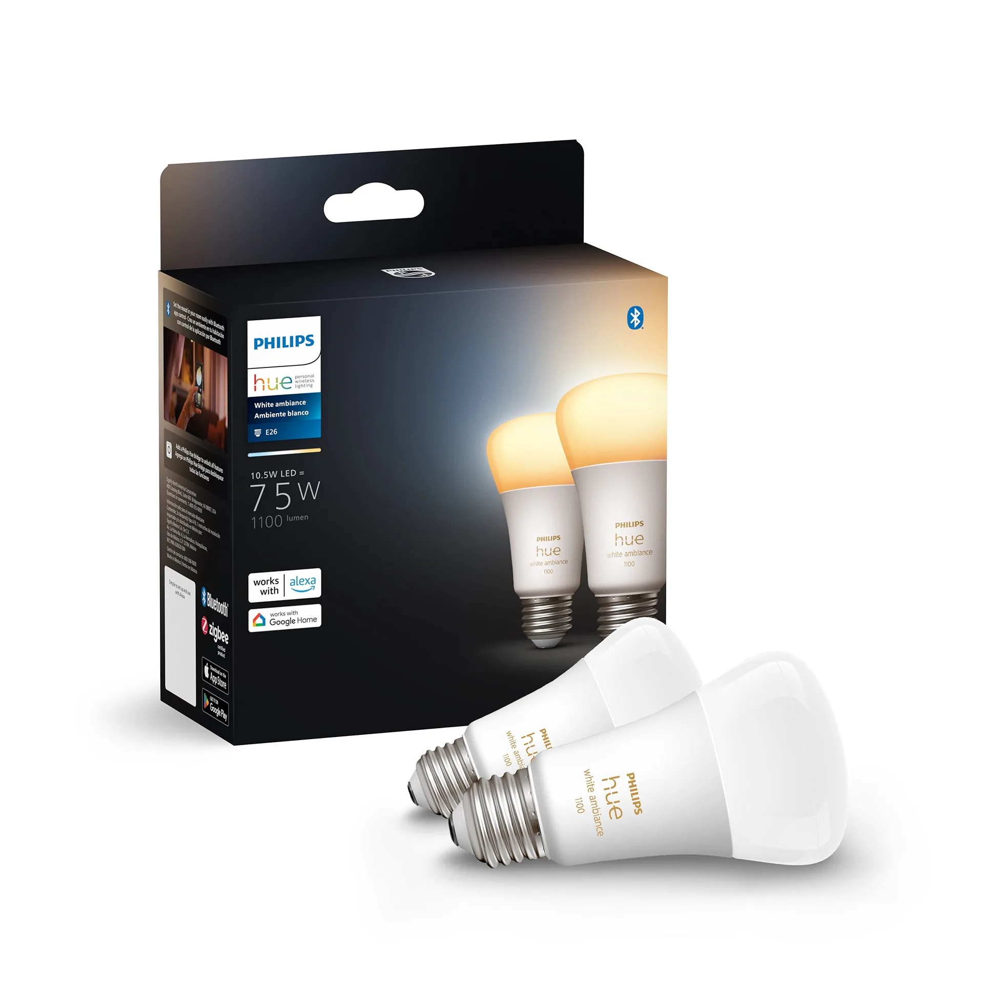 Philips Hue 2-Pack E26 Smart LED Bulbs | White | 75 Watts | Off-White | 1100 lm