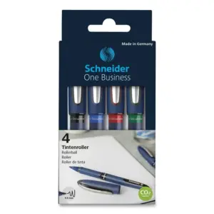 Schneider One Business Rollerball Pen | 0.6 Millimeters Ultra-Smooth Tip | Blue Barrel | Four-Pack | One Each of: Black | Red | Green (183094)