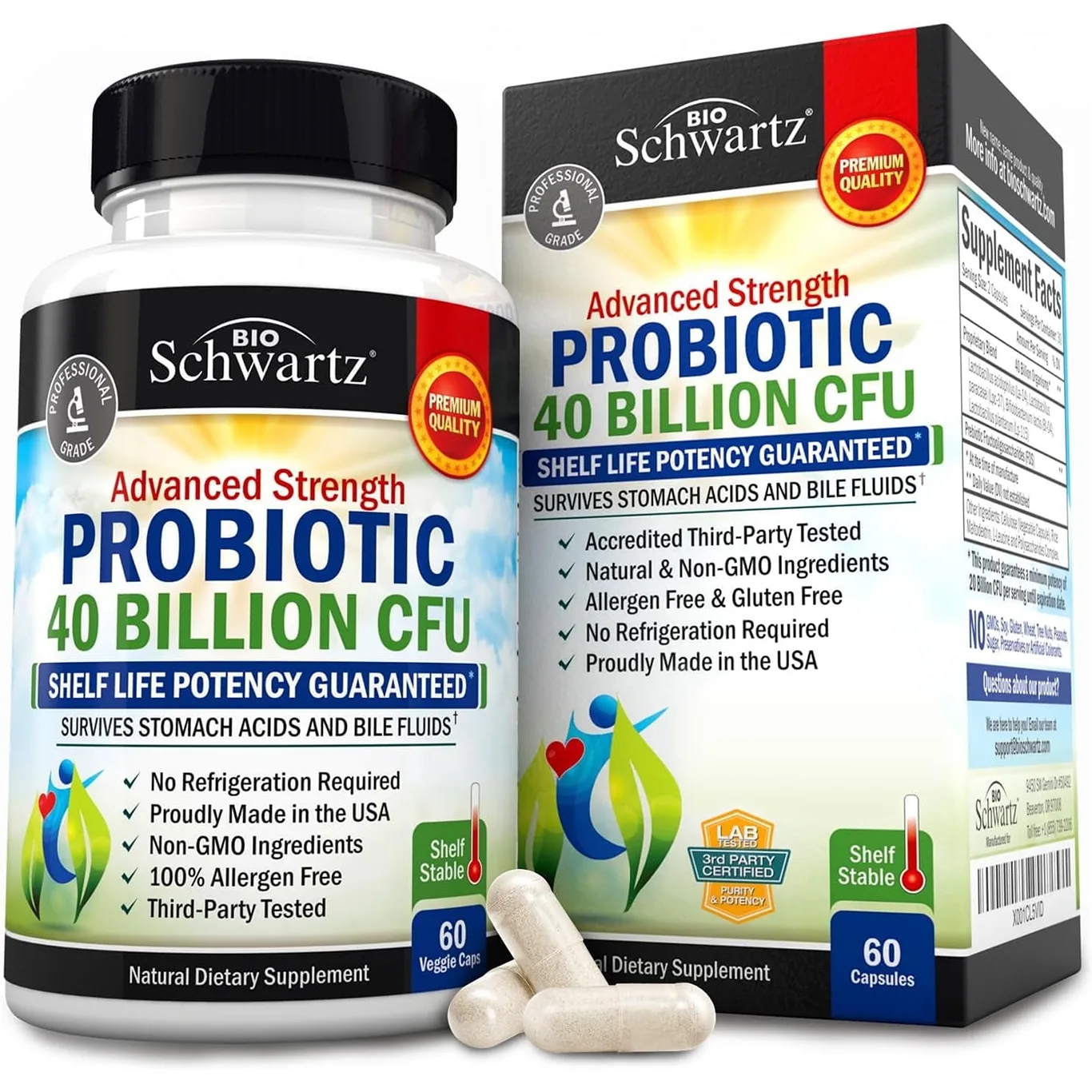 BioSchwartz Probiotic 40 Billion CFU | Probiotics Prebiotics | Lactobacillus Acidophilus | Astragalus for Gut Health | Digestive Relief | Shelf Stable Supplement | 60 Count