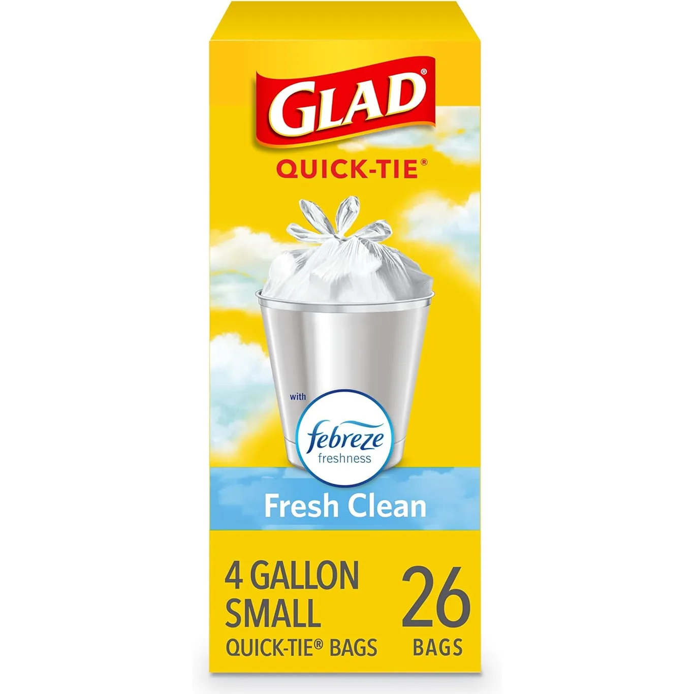 Glad OdorShield Small Trash Bags | Febreze Fresh Clean | 4 Gal | 26 Ct (Package May Vary)