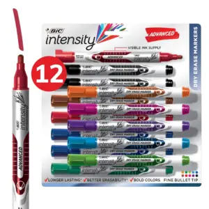 BIC Intensity Advanced Colorful Dry Erase Markers | Fine Bullet Tip | 12-Count Pack of Assorted Colors | Whiteboard Markers for Teachers & Office Supplies