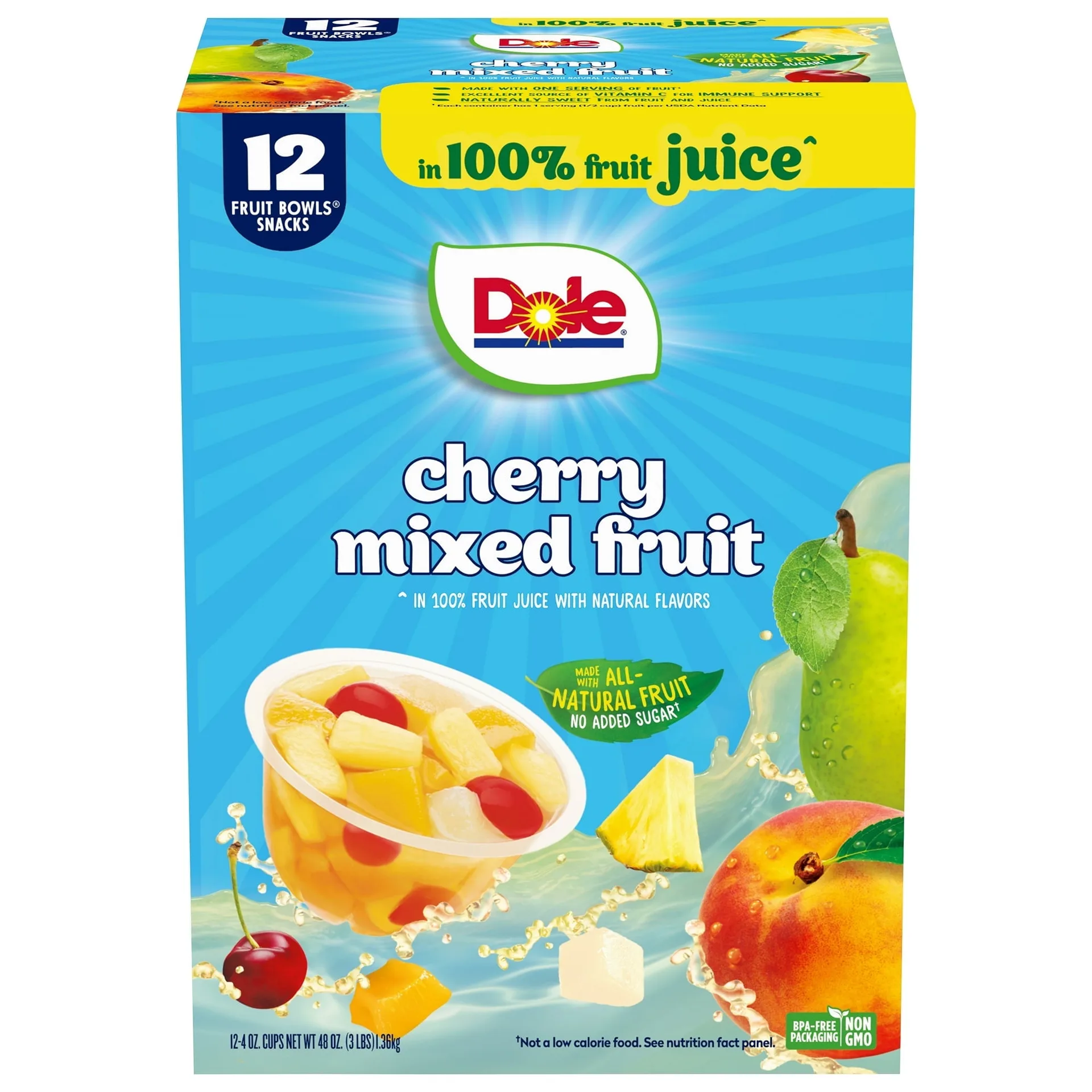 Dole Fruit Bowls Cherry Mixed Fruit Inch 100% Fruit Juice | 4 Ounce Cups (12 Pack ) (3 Box ) | 36 | 4 Ounce