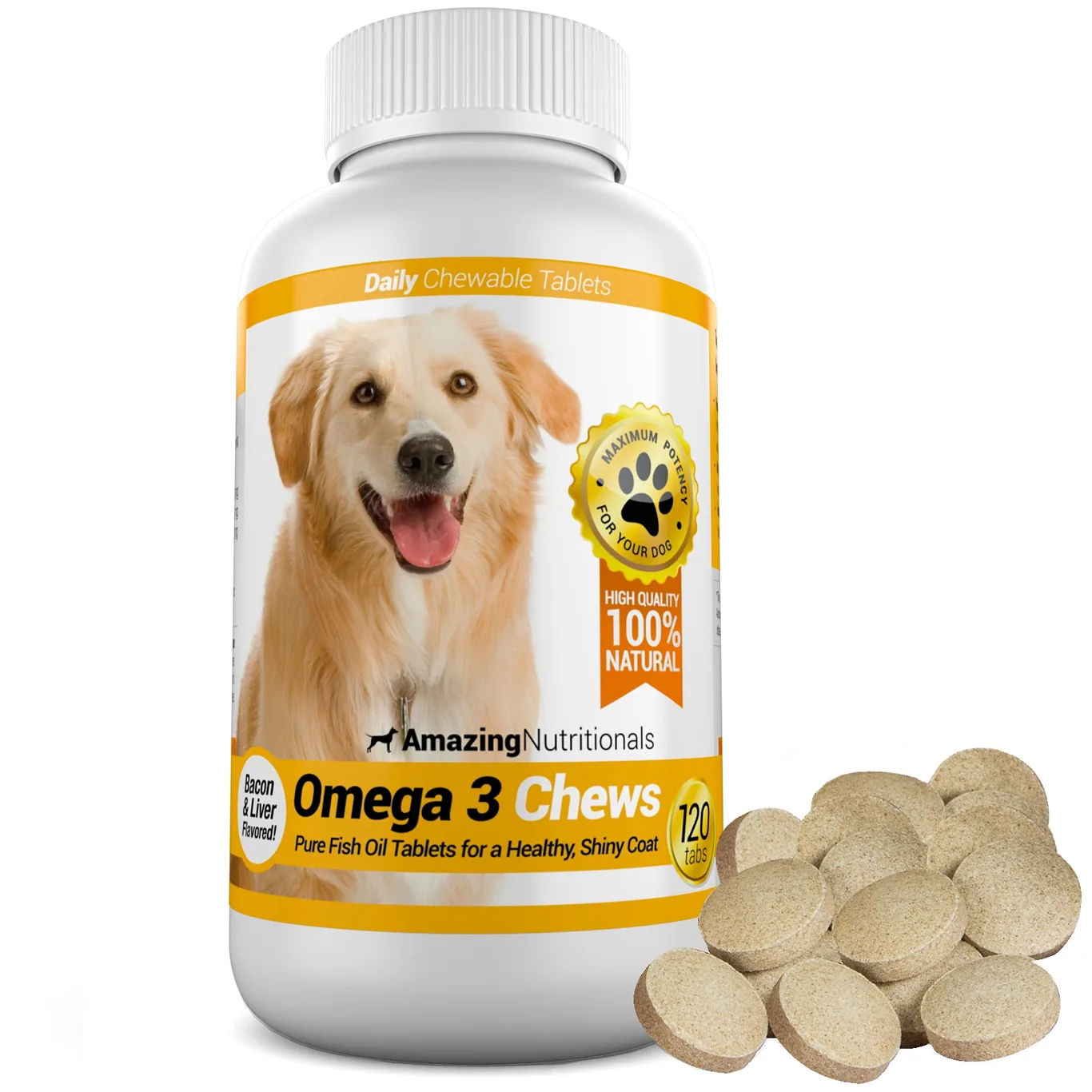 Amazing Nutritionals Omega 3 Pure Fish Oil Daily Supplement Chews for Dogs | 120 Chews