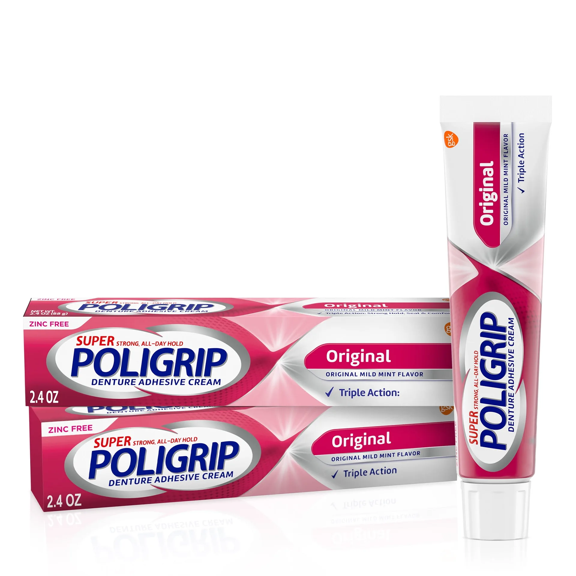 Super Poligrip Original Formula Zinc Free Denture & Partials Adhesive Cream | 2.4-Ounce Twin Pack (4.8-Ounce Total) | for Adults