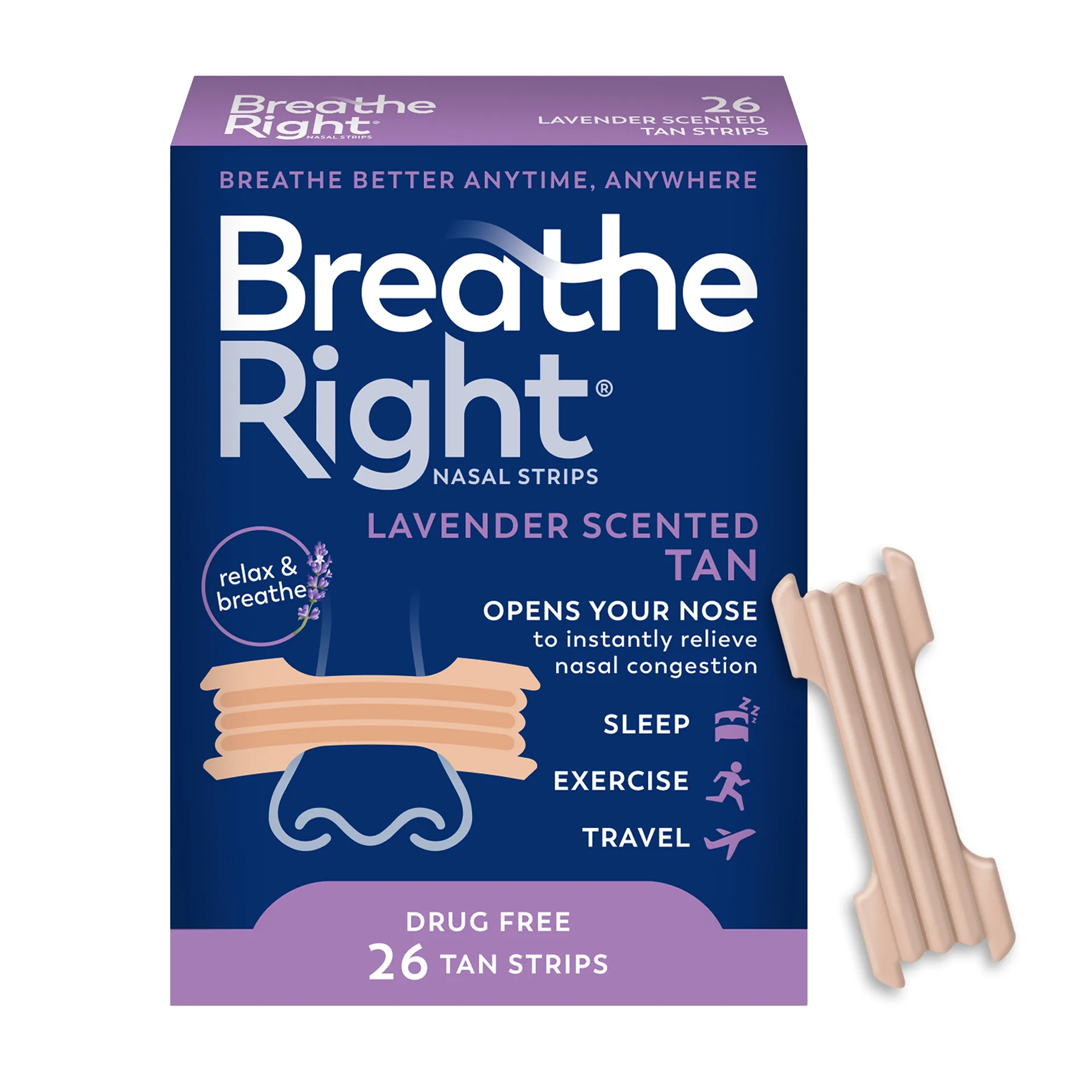 Breathe Right Extra Strength Nasal Strips | Calming Lavendar Scent | Tan | 26 Count