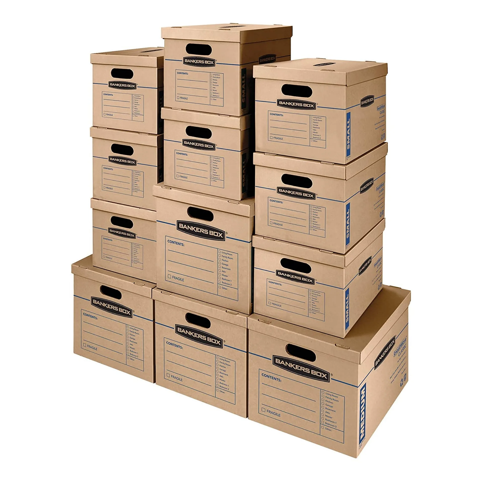 SmoothMove Classic Moving & Storage Boxes | Assorted Sizes | Half Slotted Container (HSC) | Brown Kraft/Blue | 12/Carton