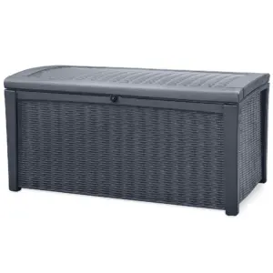 Keter Borneo 110 Gallon Rattan Plastic Outdoor Storage Deck Box Bench | Grey | Gray